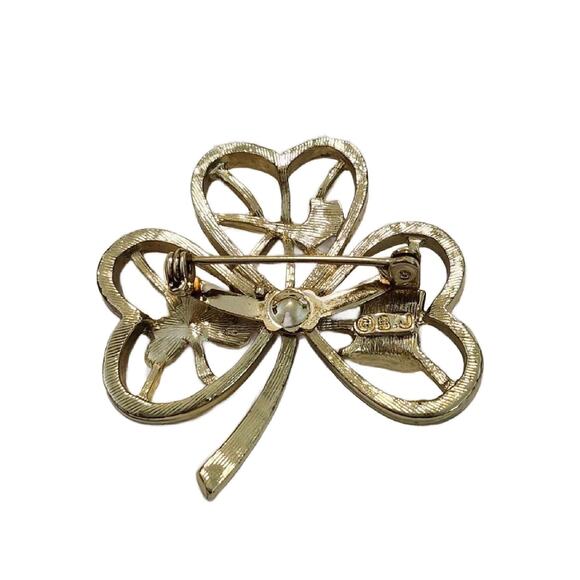 Vintage Clover Shamrock Brooch with Emerald Glass Accents, 2" Tall - Picture 5 of 10